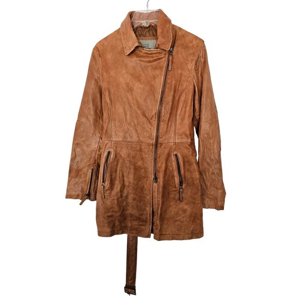 Bod & Christensen Brown Leather Jacket sz Medium Belted Coat Retro Mid-Length - Picture 1 of 9